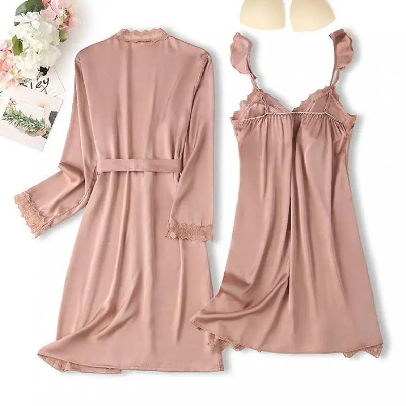 Summer Nighty&Robe Suit Women Satin Sleepwear Set Casual Kimono Bathrobe Gown Sexy Intimate Lingerie Silky Loose Home Clothes