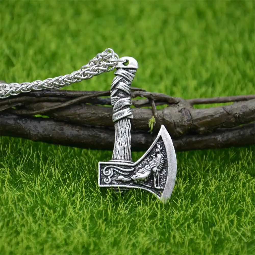 Odin Norse Viking Wolf And Raven Axe Amulet Witchcraft Pendant Necklace Wicca Pagan Slavic Perun Axe Jewelery Dropshipping