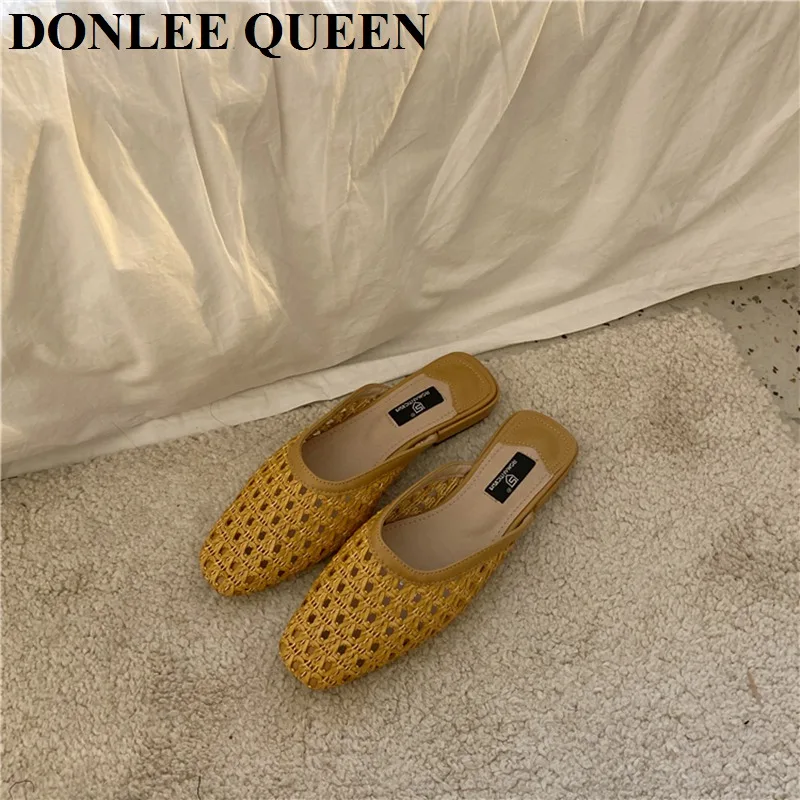 2021 Summer Slippers Fashion Cane Weaving Mule Shoe Female Designer Slide Ladies Brand Slipper Casual Flip Flops Sandalias Mujer