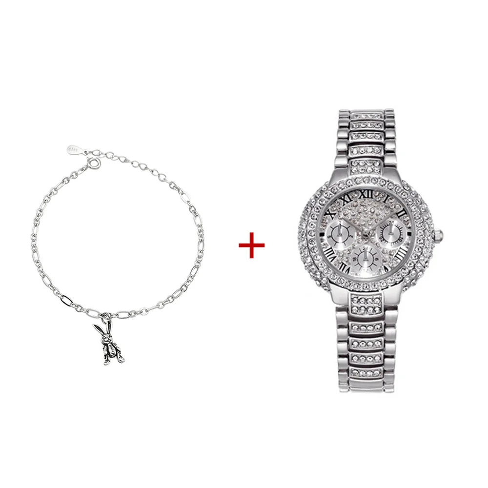 

925 Silver Bracelet + Ladies Quartz Watch Fashion Ladies Waterproof Quartz Watch Hiphop Rabbit Bracelet Female Accessories