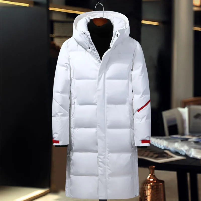 Engrossar inverno x-long pato branco para baixo jaqueta 2023 nova moda com capuz sobre o joelho casaco parka quente masculino roupas de marca