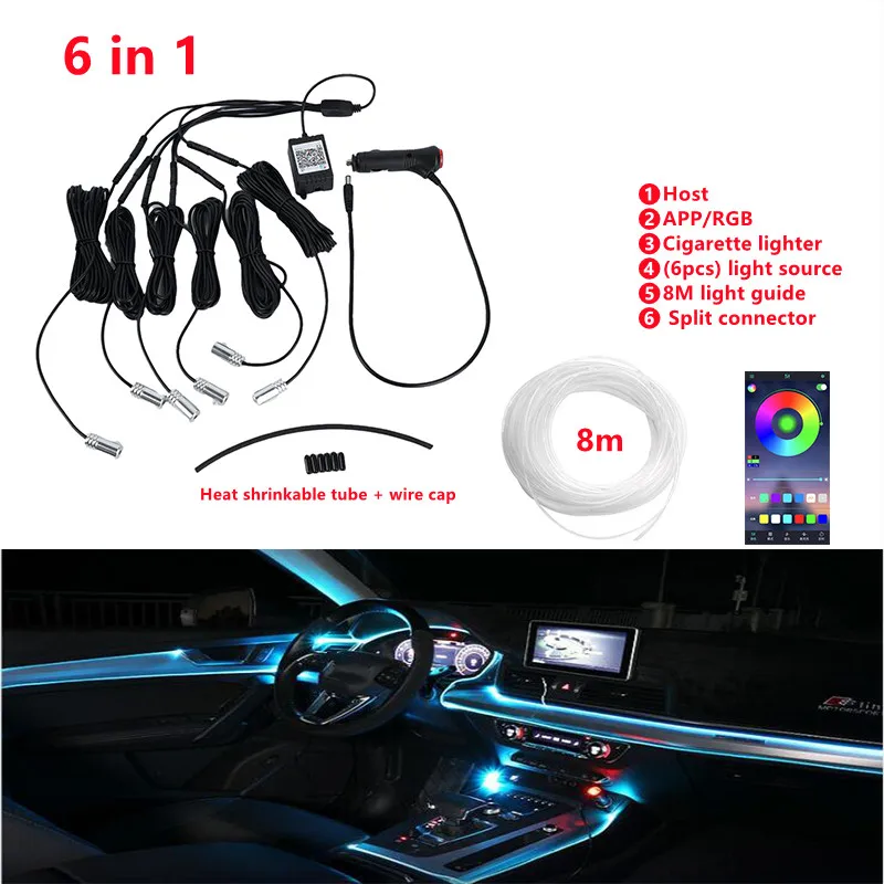 

6 in 1 internal Led Car Ambient Light Backlight Music RGB Multiple Modes Control App Auto Interior Decorative Atmosphere Lights