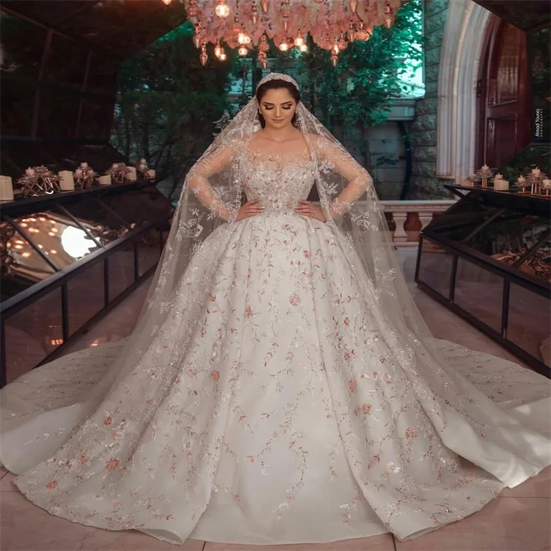 Luxury Flower Crystal Wedding Dresses Sequins Beads Applique A Line Bridal Gown Custom Made Long Sleeve Robe de mariée