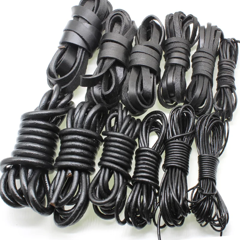 Cordon rond et plat en cuir véritable de couleur noire, 2m, 2, 3, 4, 5, 6, 8mm, pour la fabrication de colliers et de bracelets