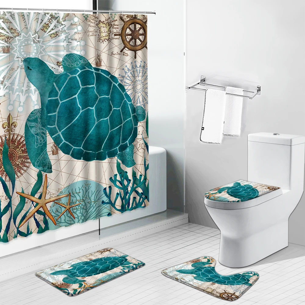 Ocean Animal Sea Turtle Cartoon Shower Curtain Non-Slip Carpet Toilet Cover Mat Beach Starfish Dolphin Octopus Bathroom Curtains