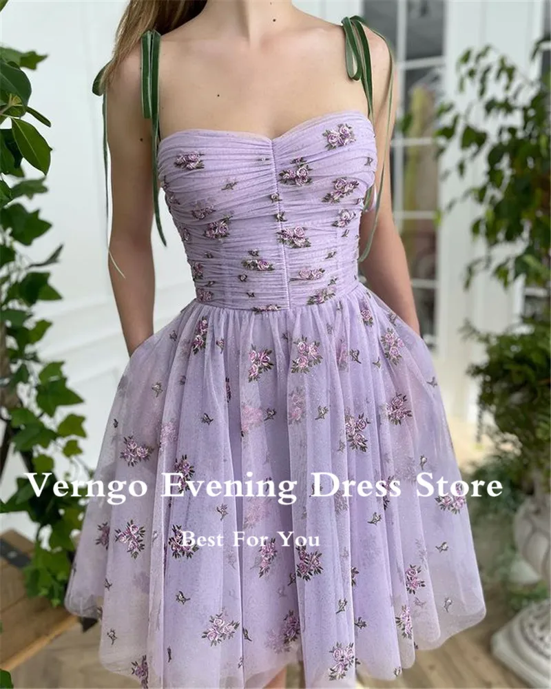 Verngo 2021 Lavendel Tulle Print Bloemen Prom Dresses Korte Spaghettibandjes Sweetheart Pleats Formele Partij Jassen Custom Made