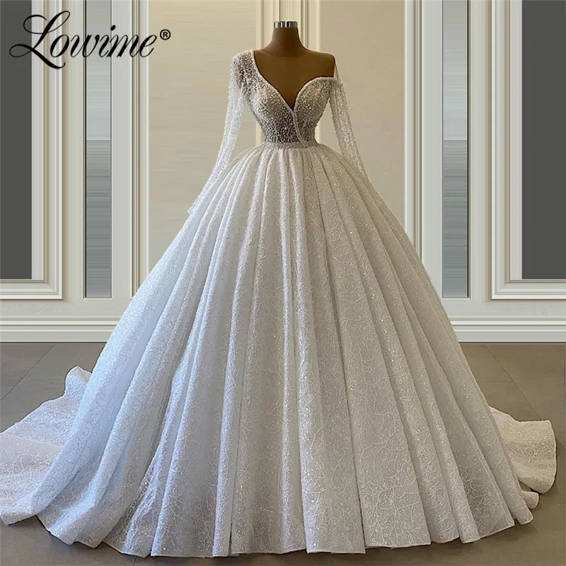 

Customized White Wedding Dresses robes de mariée 2020 Puffy Dubai Beads A Line Bridal Gowns Vestidos De Novia Long Sleeves Bride