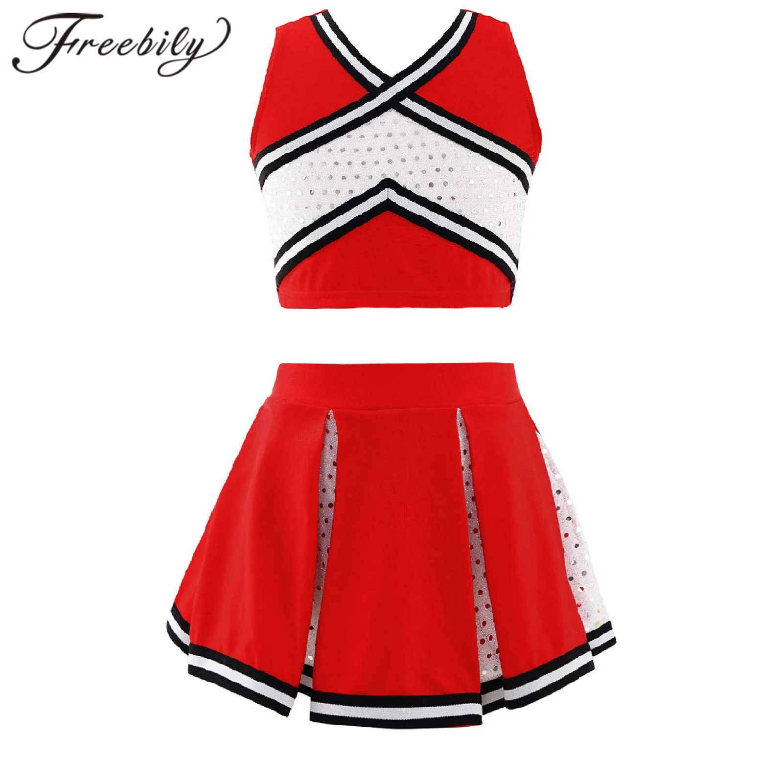 Kids Girls Cheerleader Uniform Cheerleading Costume Schoolgirls Cheer Dance Clothes Set Top + Skirt Children Cheerlead Dancewear