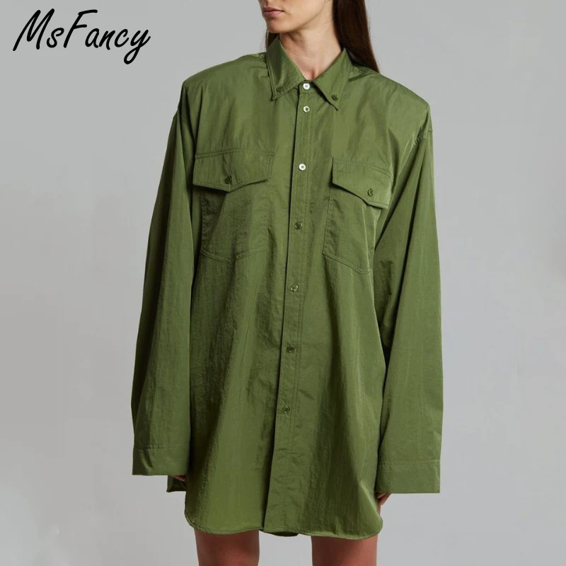 Msfancy Army Green Blouse Women 2022 Fashion Long Sleeve Plus Size Shirt Mujer Fall Lapel Casual Tops