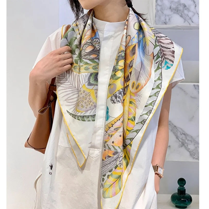 Feathers Print 100% Silk Scarf Shawl Wraps Foulard Square Fashion Clothing Accessories 35\