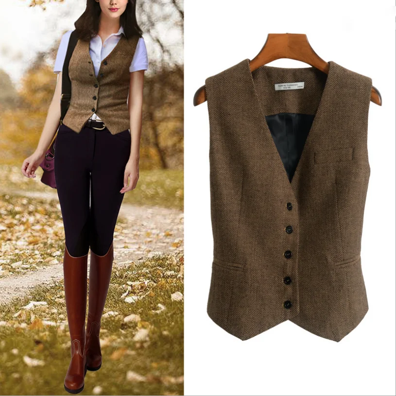 Terno feminino colete espinha de peixe tweed com decote em v 4 botões colete senhoras retro fino ajuste sem mangas colete steampunk femme