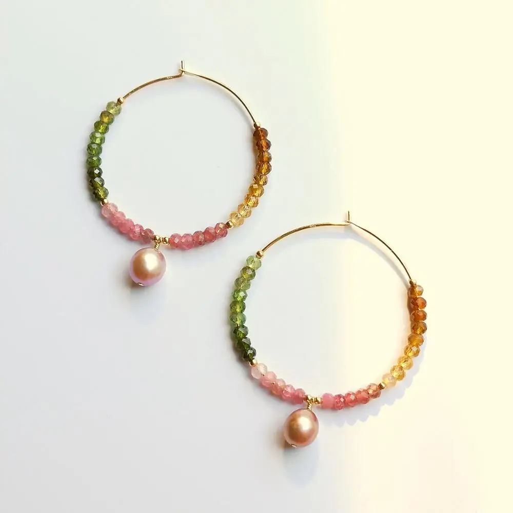 

Серьги-кольца LiiJi с радужным турмалином и жемчугом в стиле барокко, стерлинговое серебро 925 пробы, золотого цвета, настоящий камень, фиолетовый, розовый жемчуг, серьги