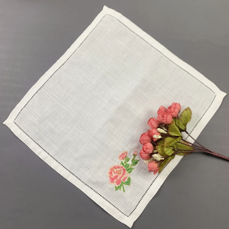 12 PCS Wedding Handkerchief White Pure Ramie Fabric Handkerchief Rose Embroidered 13X13 inch