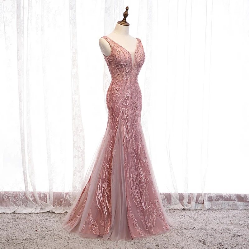 Evening Dress Sleeveless V-Neck Simple Lace Up Mermaid Floor-Length Appliques Ruched Fashion Pink Party Formal Gown Woman B204