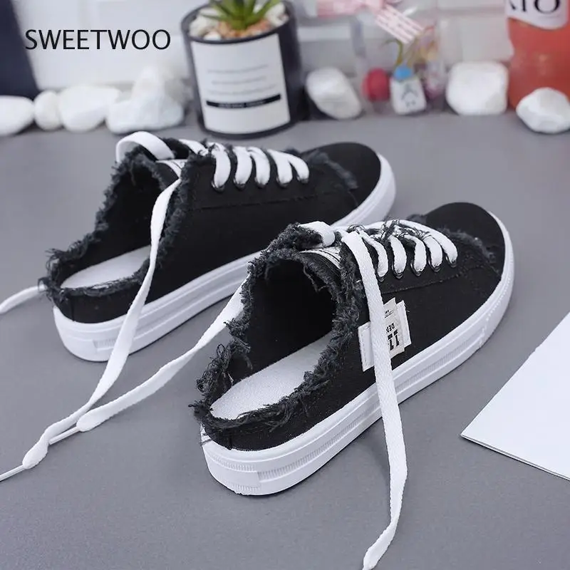 2021 Spring Summer Women Canvas Shoes flat sneakers women casual shoes low upper lace up white shoes