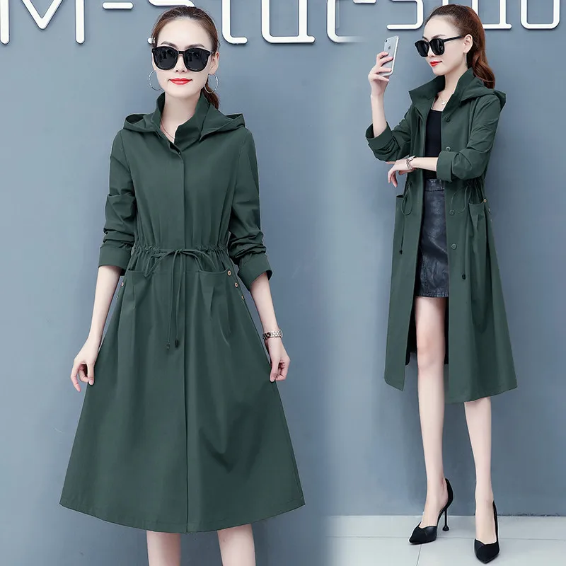 2019 Spring Autumn Classic Long Trench Coat Women Casual Thin Long Sleeve Windbreaker Female Korean Hooded Overcoat Outwear 1180