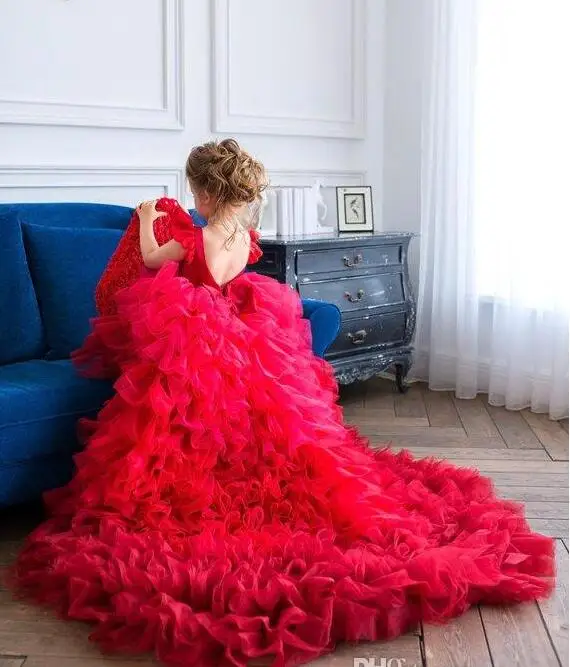 Rosso 2020 Abiti Fiore Per Le Ragazze Per La Cerimonia Nuziale Bateau Collo Appliqued Del Bambino Pageant Abiti di Tulle del Treno Lungo I Bambini Abiti di Promenade