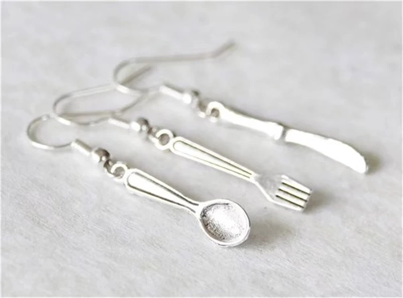 Foodie Gift Silver Color Utensil Earrings Kitchen Earring Chef Earrings Utensil Earrings 3 pcs Spoon Fork Knife Earrings