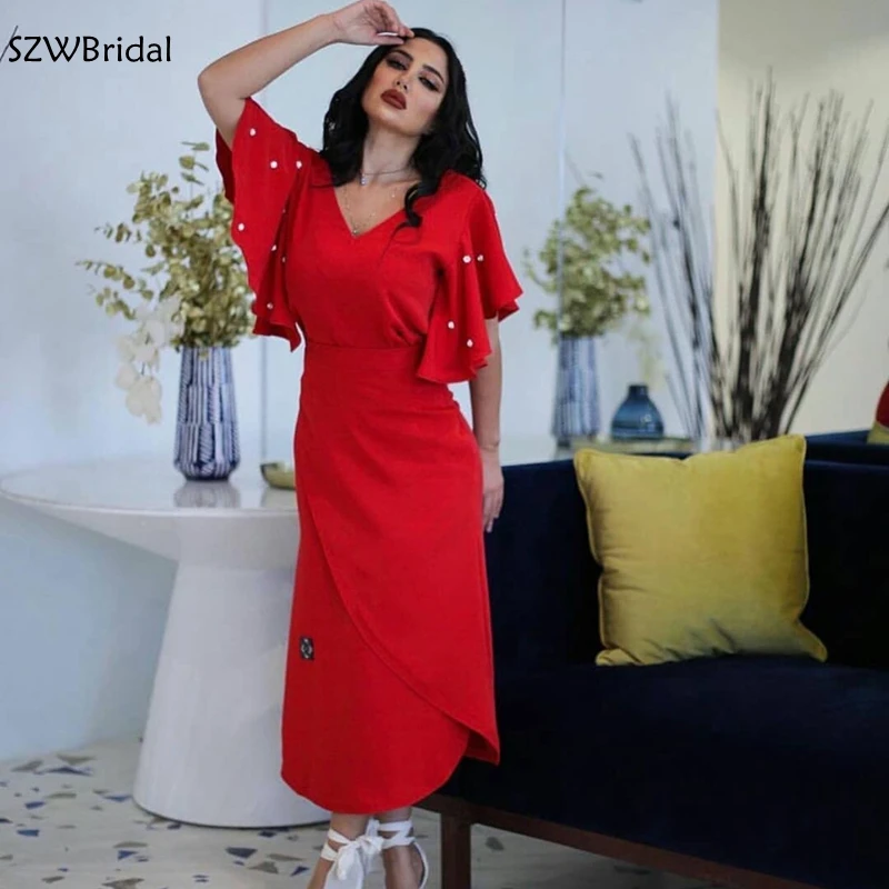 

New Arrival V Neck Red Muslim evening dress Plus size Abendkleider 2024 Robe soiree femme Formal dresses evening gowns