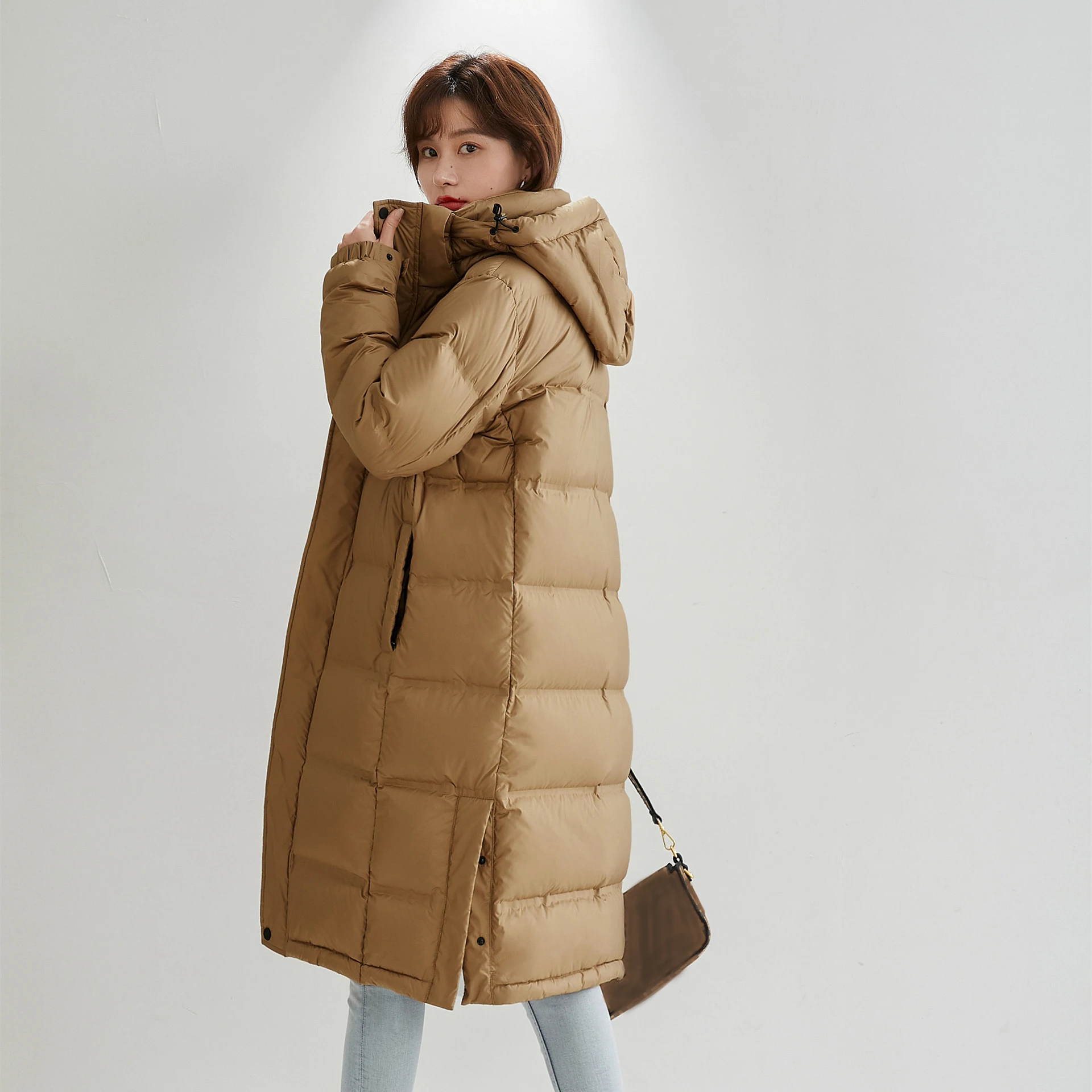 Women Winter Down Coats Thick Warm White Goose Down Hodded Midi Length Parkas Outerwear Solid Couple Outfit S-3XL