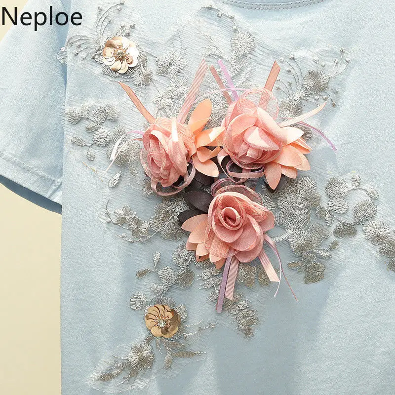 Neploe O Neck Flower Embroidery Pullover T Shirt Women Loose Causal Pink Short Sleeve Tees Summer 2024 New Cutton Top 49174