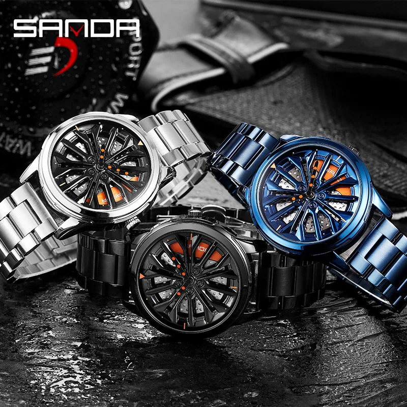 SANDA Hot Sell Quartz Stainless Steel Men Watch Premium Quartz Movement Car Rim Wheel Shaped Rotating Dial Relogio Masculino