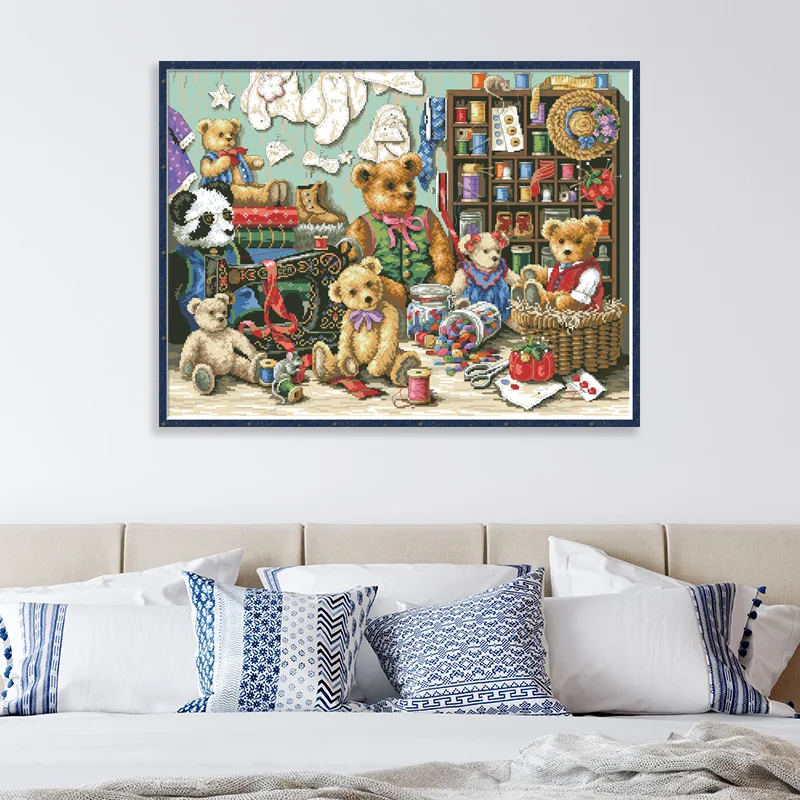 Bear Family Counted Cross Stitch Patterns Embroidery Kits Needlework Printed Canvas 11CT 14CT DIY Craft Set Home Decor Paintings