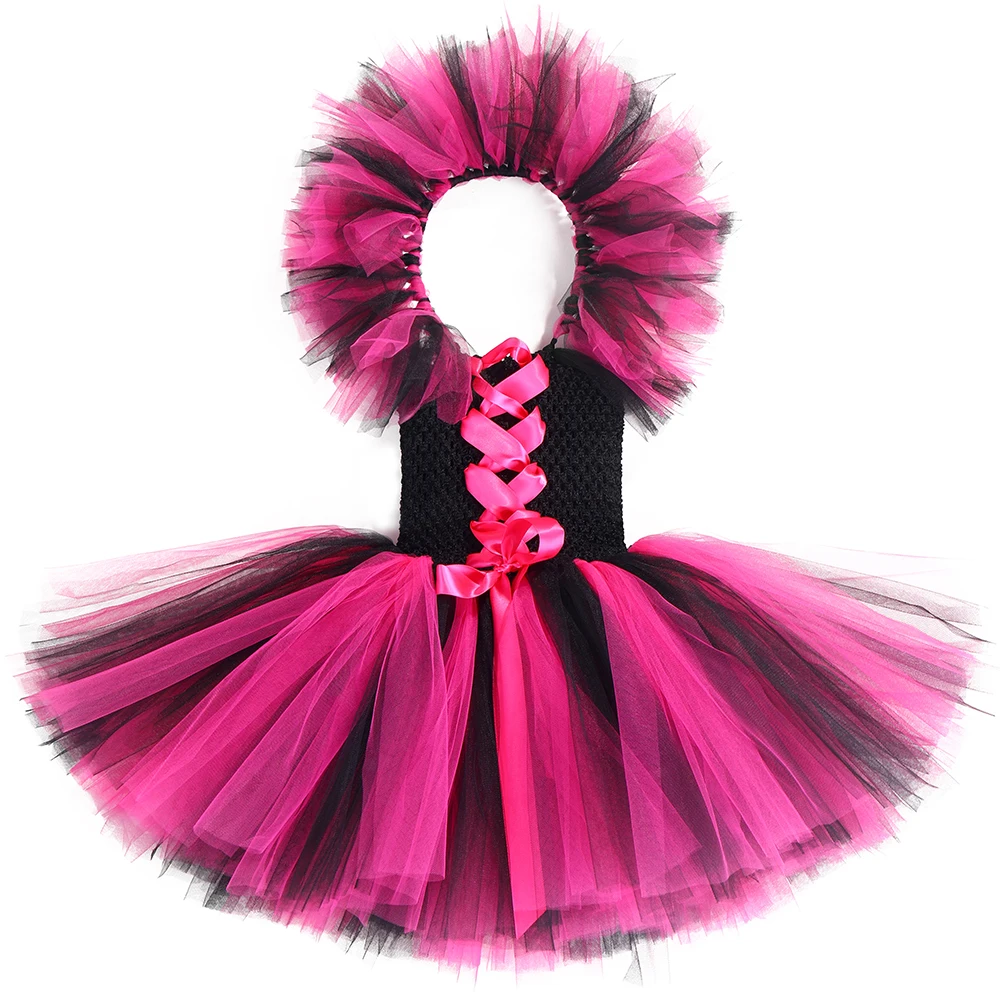 Mädchen Halloween Hexe Kostüm mit Kragen für Kinder Karneval Party Kleidung Schwarz & Pink Kinder Mädchen Tüll Hexe Tutu kleid