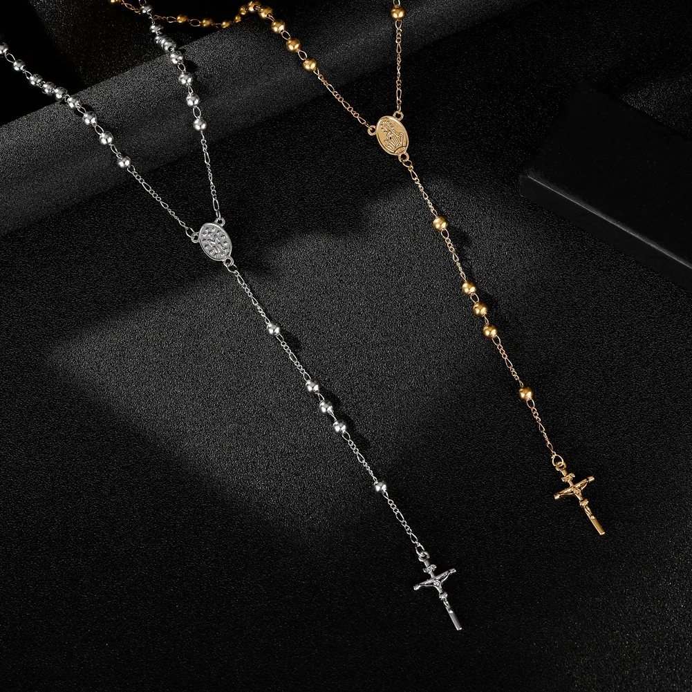 Personality Gold Plated Cross Rosary Pendant Necklace Jesus Beads Cross Hip Hop Necklace Long Chain for Men Women Jewelry Gifts