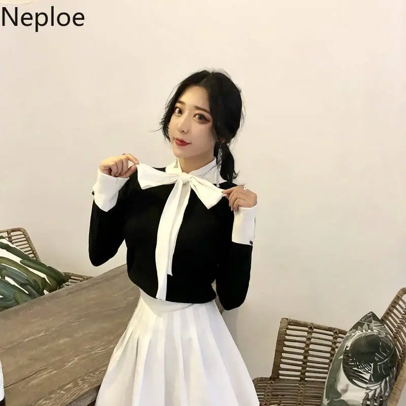 Neploe 2023ฤดูใบไม้ผลิเกาหลีผู้หญิง Slim เสื้อกันหนาวฤดูหนาวเสื้อผ้าถักลูกไม้แขนยาว Elegant เสื้อสตรี90400