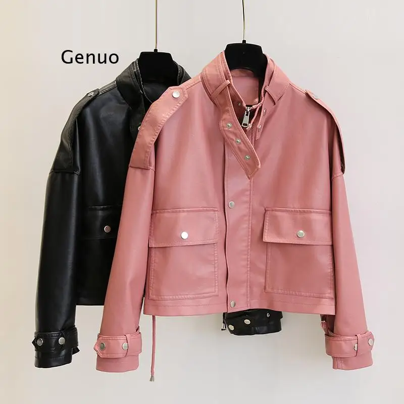 Neue Herbst Frauen Faux Leder Jacke Pu Motorrad Lose Straße Schwarz Punk Mantel Weibliche Große Tasche Rosa Leder Mantel