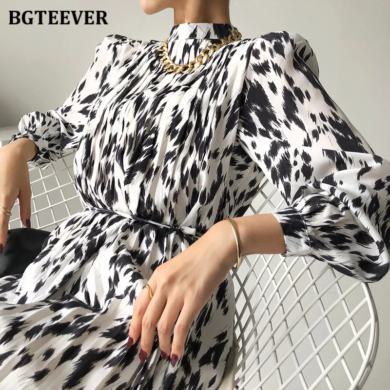 BGTEEVER 2021 Spring New Stand Collar Women Full Sleeve Dress Elegant Hit Color Female Lace-up Printed Midi Dress Vestidos