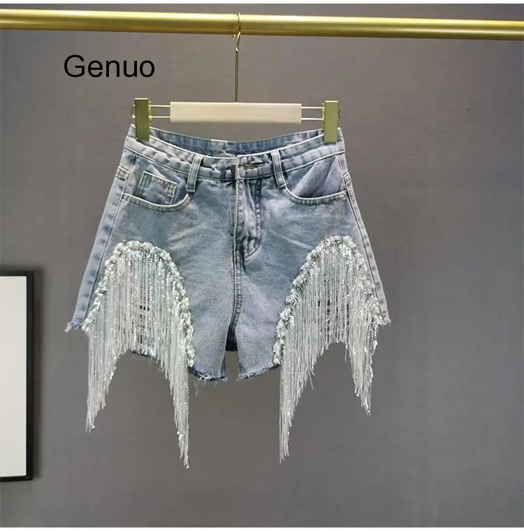 

Sequined Tassel Denim Shorts Women High Waist Hole Loose Jeans Shorts Female Fashion Nail Beads Wide Leg Short Jeans