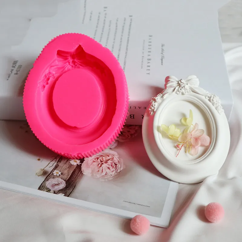 Vintage Embossed Bow Photo Frame Mould Aromatherapy Plaster Crafts Pendant Cake Fondant Decoration Mould