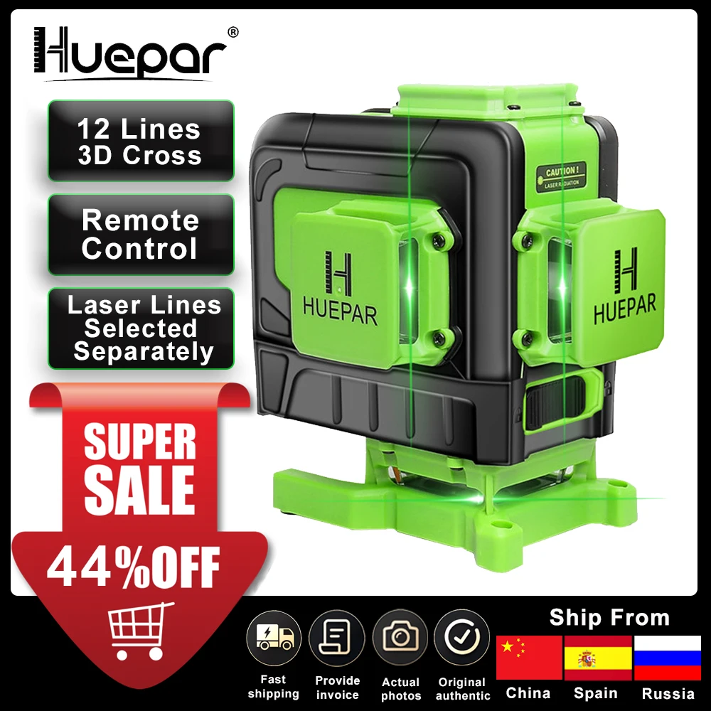 

Huepar 12 Lines 3D Cross Line Laser Level Multifunction Green Beam Line With Remote Control & Li-ion battery For Tiles Floor