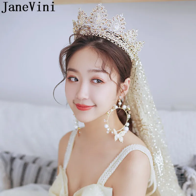 JaneVini Gold Arabic Bride Tiaras and Crowns with Earrings Set Rhinestone Crystal Bridal Head Jewelry Women Wedding Headband