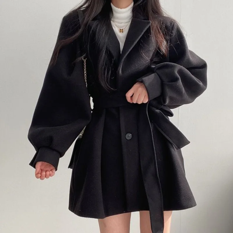 

Chic Fall Winter Woolen Coat Women 2024 New Vintage Suit Collar With Belt Short Jacket Lantern Sleeve Loose Woolen Coat Female
