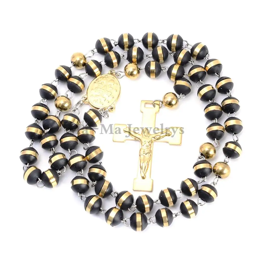 Mens or Womens Jewelry Black Stainless Steel 8mm Silicone Rosary Chain Cross Pendant Necklace 28