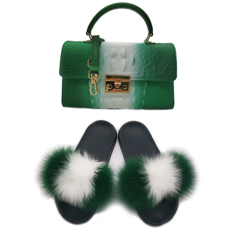 

New Women Casual Plush Real Fox Fur Slippers Fashion Shoulder Bag Handbag Ladies Cute Flat Furry Fur Slides Fluffy Fur Shoes