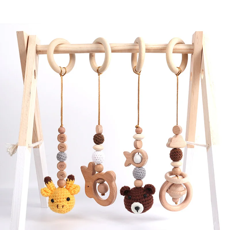 4Pcs/Set Baby Wooden Bear Rabbit Rattle Toys Hanging Play Gym Wood Crochet Pendant Teether Accessories Nursing Stroller Toys