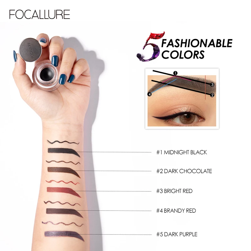 FOCALLURE-Gel eyeliner imperméable et durable, produit cosmétique pour les yeux, pommade, crème, bergame, teint, sculpté, sourcils, avec pinceau, 5