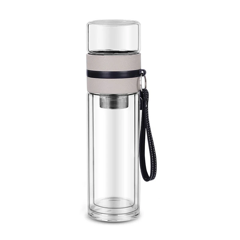325ml Glass Water Bottles for Dink Tea with Infuser Double Wall Bottle for Water Brief Portable Outdoor Travel Beige & Black