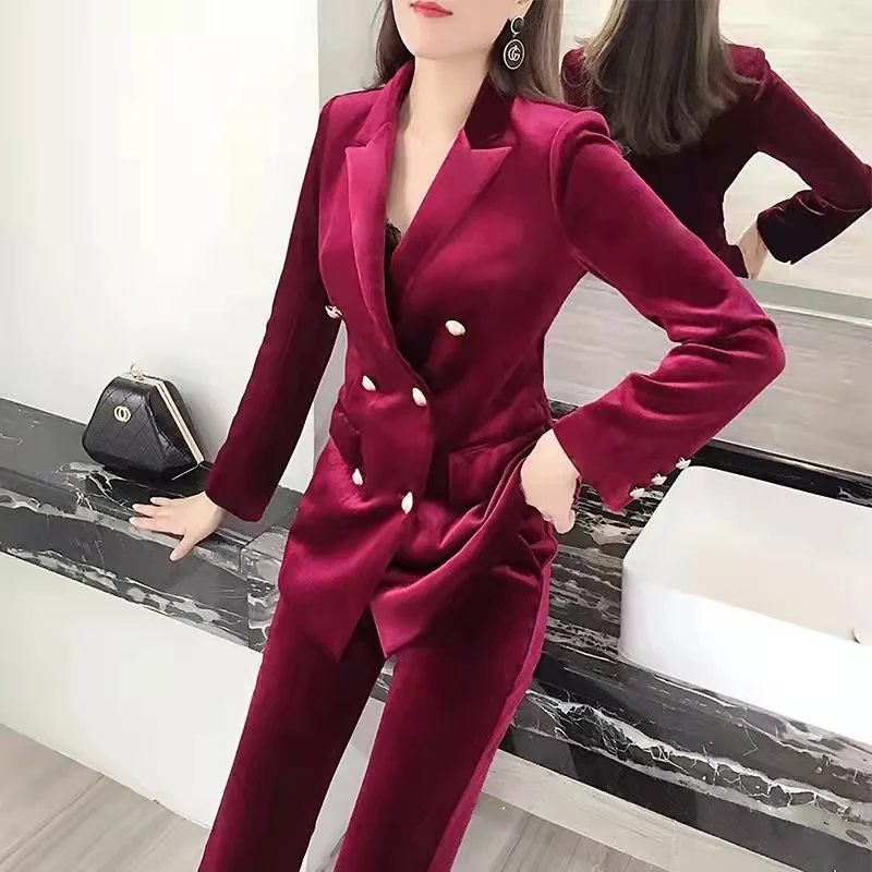 Winter Red Gold Velvet Suit 2023 New High-end Suit Fashion Slim Two-piece Women\'s Office Suit