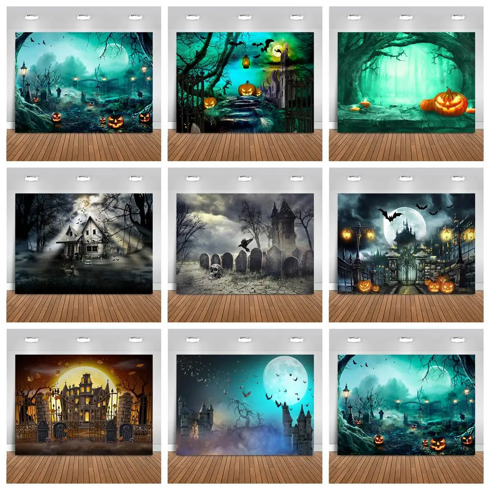 MOCSICKA Halloween Backdrop Decoration Castle Pumpkin Lantern Dark Bats Full Moon Night Theme Portrait Background Photo Shoot