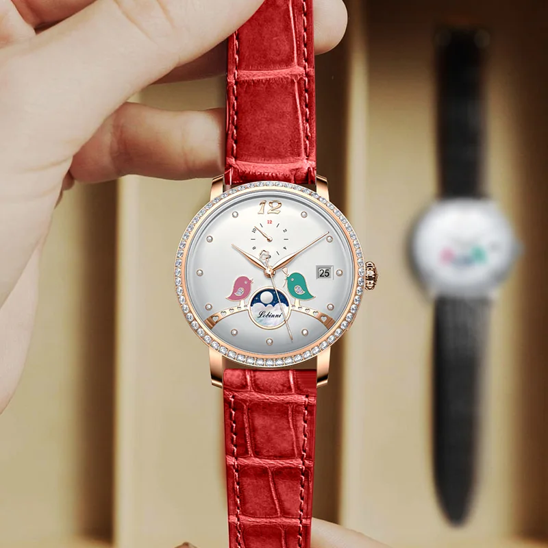 LOBINNI Элегантные женские часы с бриллиантовым дизайном, циферблат с фазой Луны, автоматические механические часы, женские часы с сапфировым стеклом