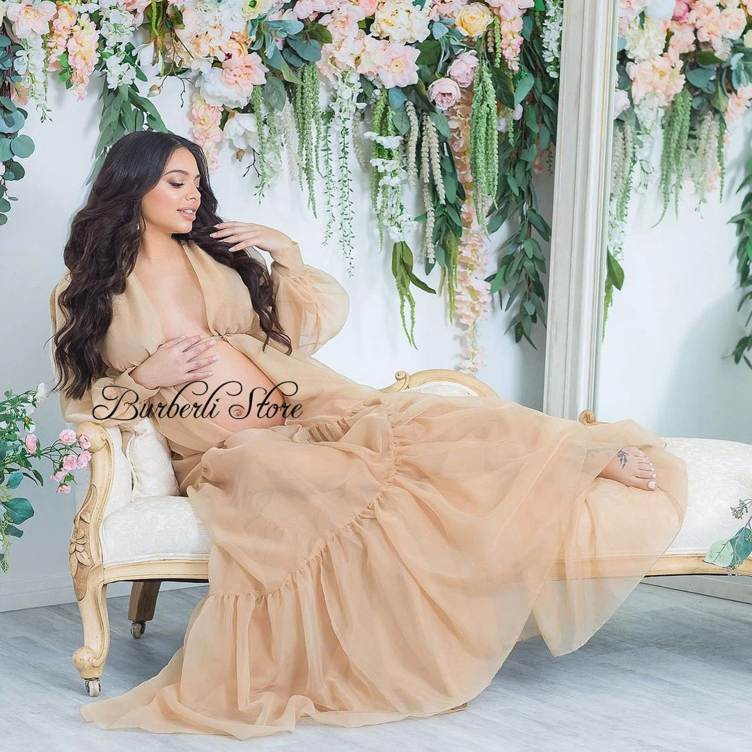 

Champagne Tulle Ruffles A-line Maternity Women Dress Sexy See Thru Full Puff Sleeves Dressing For Photo-shoot Long Robe