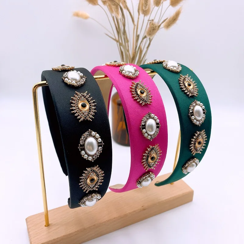 New European and American Retro Style Wide-brimmed Headband Inlaid with Rhinestones, Pearls and Metal Eyes Headwear for Women