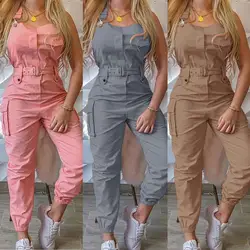 Women Fashion Sleeveless Pockets Blet Ankle Tied Long Pants Overall Jumpsuit