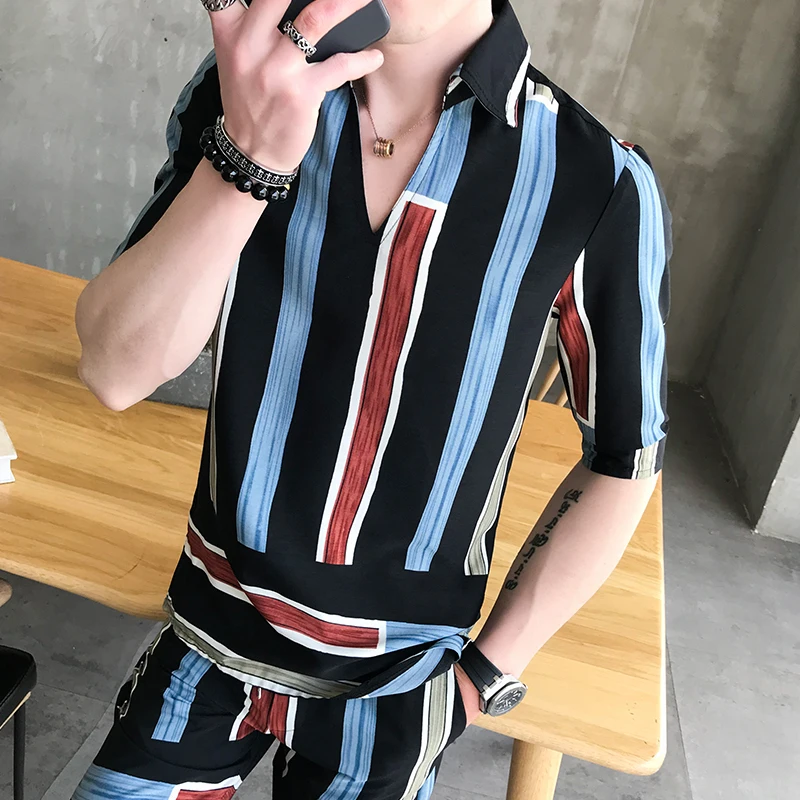 stripe 2pcs Fashion set shirt and shorts pullover summer shirt men and short Casual Erkek Giyim Slim Fit Social Club Outfits