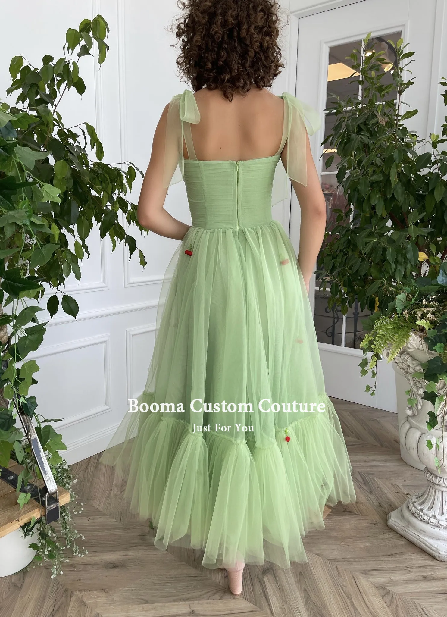 Booma Green Cherry Midi Prom Dresses Bow Straps Pockets Tea-Length Wedding Party Dresses Pleated Tulle A-Line Formal Gowns